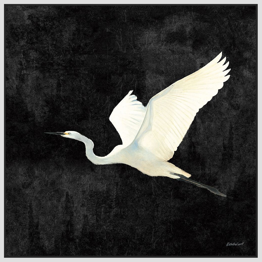 5531049_FW1 'Egret Alighting II Flipped Black' by artist Kathrine Lovell - Wall Art Print on Textured Fine Art Canvas or Paper - Digital Giclee reproduction of art painting. Red Sky Art is India's Online Art Gallery for Home Decor - 553_79055