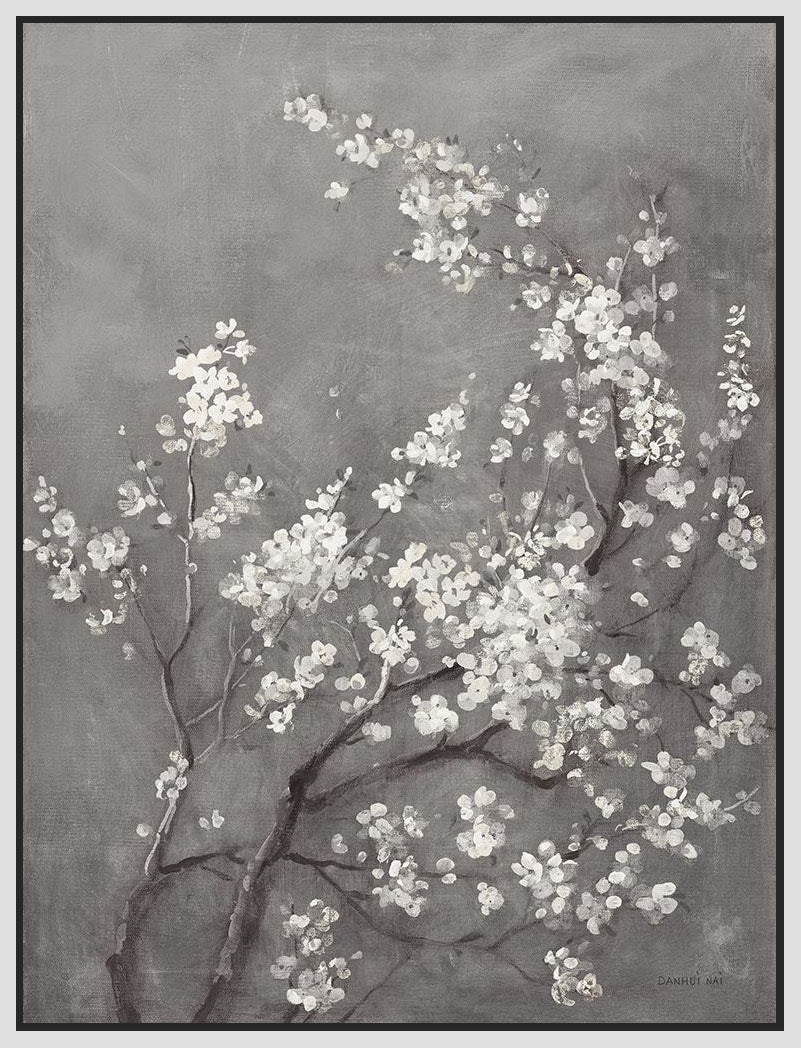 5531241_FW1 'White Cherry Blossoms I on Grey' by artist Danhui Nai - Wall Art Print on Textured Fine Art Canvas or Paper - Digital Giclee reproduction of art painting. Red Sky Art is India's Online Art Gallery for Home Decor - 553_92701