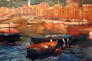 222066_C1 'Anchored Boats - Portofino' by artist Philip Craig - Wall Art Print on Textured Fine Art Canvas or Paper - Digital Giclee reproduction of art painting. Red Sky Art is India's Online Art Gallery for Home Decor - 111_12441