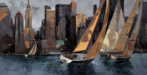 222241_C1 'Sailboats in Manhattan I' by artist Marti Bofarull - Wall Art Print on Textured Fine Art Canvas or Paper - Digital Giclee reproduction of art painting. Red Sky Art is India's Online Art Gallery for Home Decor - 111_BMP306