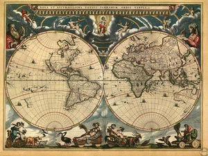 60157_C1_- titled 'World Map 1664' by artist Vintage Reproduction - Wall Art Print on Textured Fine Art Canvas or Paper - Digital Giclee reproduction of art painting. Red Sky Art is India's Online Art Gallery for Home Decor - V420