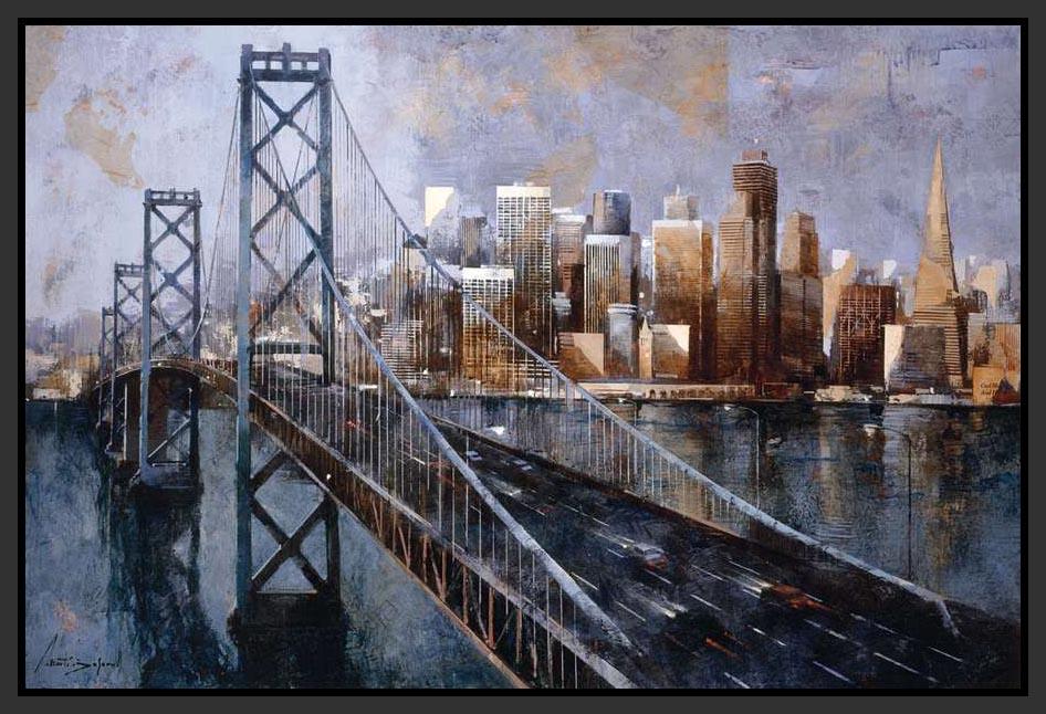 222244_FB1 'The Bay Bridge' by artist Marti Bofarull - Wall Art Print on Textured Fine Art Canvas or Paper - Digital Giclee reproduction of art painting. Red Sky Art is India's Online Art Gallery for Home Decor - 111_BMP337