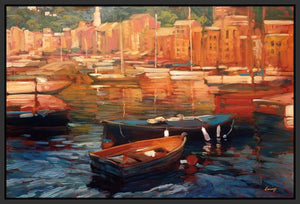 222066_FB3 'Anchored Boats - Portofino' by artist Philip Craig - Wall Art Print on Textured Fine Art Canvas or Paper - Digital Giclee reproduction of art painting. Red Sky Art is India's Online Art Gallery for Home Decor - 111_12441