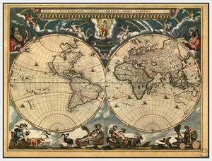 60157_FW1_- titled 'World Map 1664' by artist Vintage Reproduction - Wall Art Print on Textured Fine Art Canvas or Paper - Digital Giclee reproduction of art painting. Red Sky Art is India's Online Art Gallery for Home Decor - V420