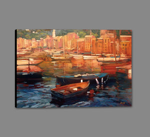 222066_GS1 'Anchored Boats - Portofino' by artist Philip Craig - Wall Art Print on Textured Fine Art Canvas or Paper - Digital Giclee reproduction of art painting. Red Sky Art is India's Online Art Gallery for Home Decor - 111_12441